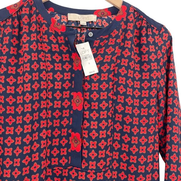 NEW Ann Taylor LOFT Drop Waist Long Sleeve Dress Red Navy Tan Floral | Small - Picture 4 of 11